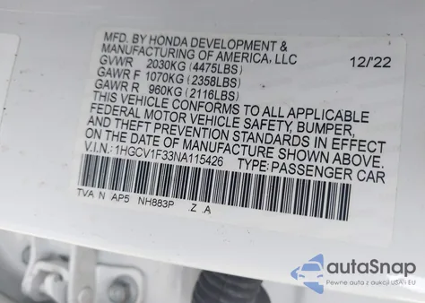 2022 Honda Accord Sport from USA, damaged, VIN 1HGCV1F33NA115426